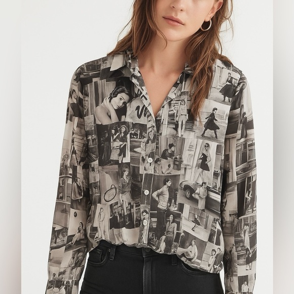 50’s Actors Vintage Print Button Down Shirt Black White Movie Stars Grease L - Picture 9 of 9